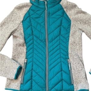 Xersion full zip jacket hidden hood teal gray quilted body knit sleeves pockets